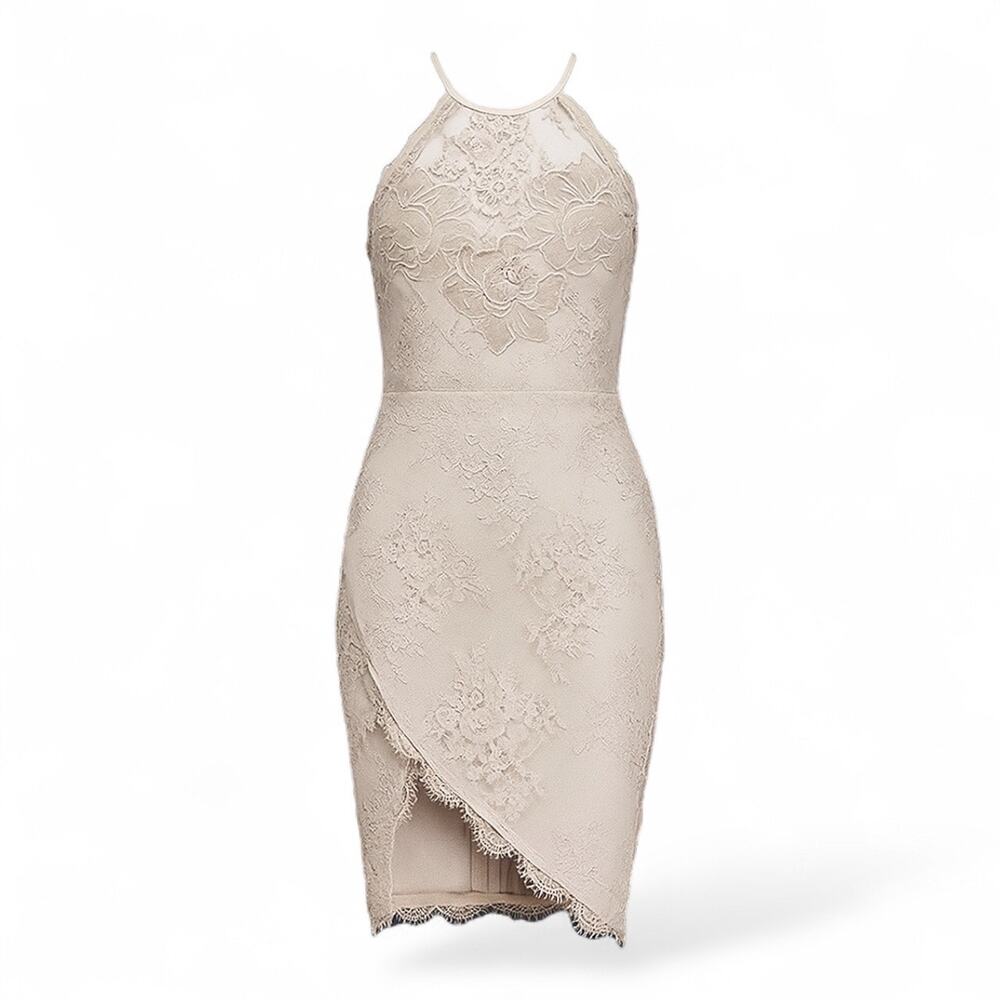 Saylor Size Small Lace Halter Mini Dress Beige Bridal Shower Feminine High Neck